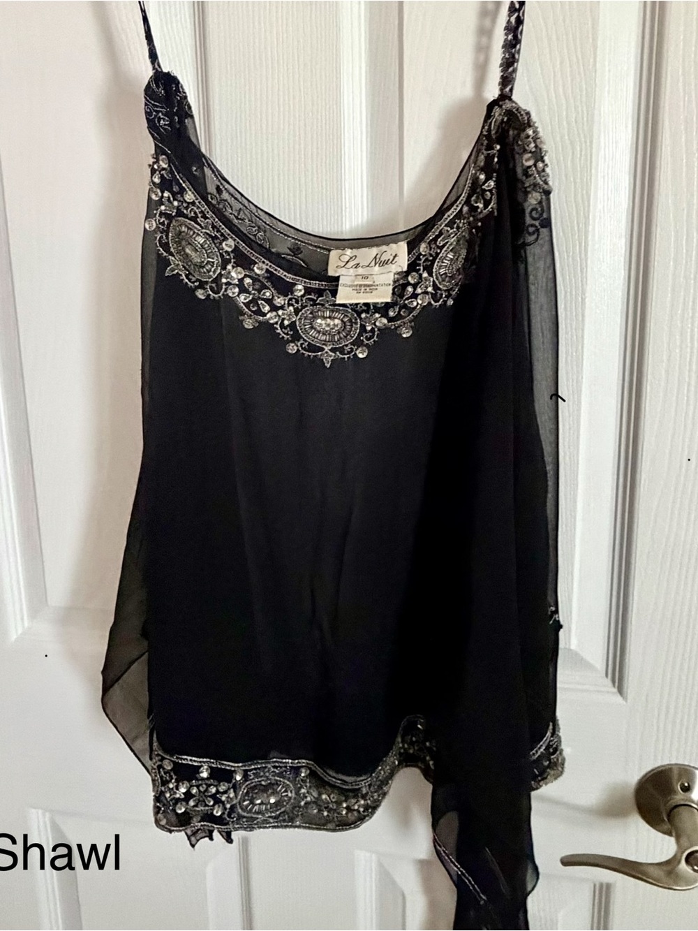 Vintage La Nuit Black Sheer Embellished Crystals Beading Shawl Top Sz 10